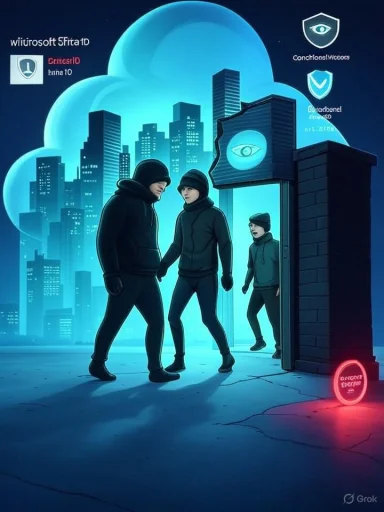 Three hooded figures walk through a neon-blue city gate with an eye emblem.