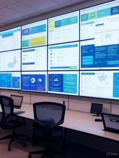 A wall of screens displays dashboards and analytics in a modern control room.