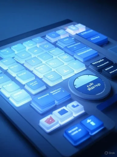 A futuristic blue-lit control panel with app-like keys and a large circular dial.