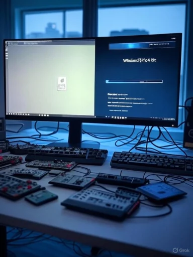 Blue-lit dual-monitor workstation loaded with audio gear and cables.