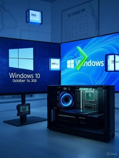 A futuristic Windows 10 exhibit with blue neon screens and a transparent-lit PC tower.