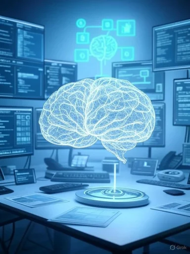 A glowing holographic brain hovers over a desk cluttered with monitors and devices.