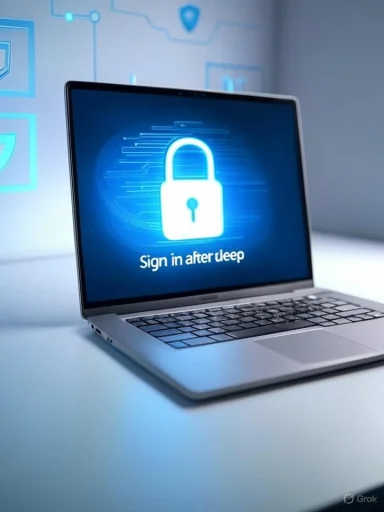 A laptop screen shows a glowing padlock icon with a security login prompt.