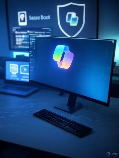 Blue-lit workstation with a colorful logo on the main monitor and shield graphics in the background.