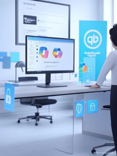 A modern office workspace featuring a computer monitor and floating digital security icons.