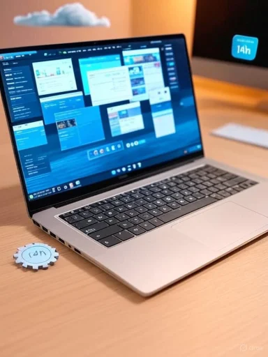A silver laptop on a wooden desk shows multiple windows, with a blue gear-shaped coaster nearby and a cloud decoration overhead.