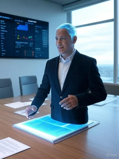 A business professional demonstrates a glowing touchscreen tablet at a conference table.