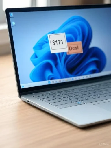 A laptop on a wooden desk with price stickers on the screen, showing $171.
