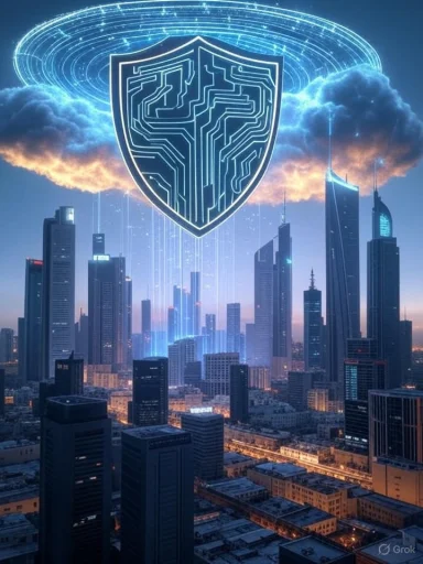 A futuristic cityscape beneath a glowing digital shield and circuit-pattern halo.