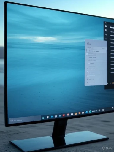A sleek computer monitor on a stand sits on sand, displaying a blue ocean wallpaper.