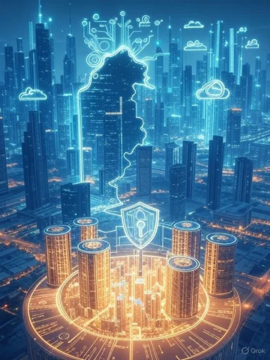Futuristic cityscape with neon circuitry forming a head and a glowing security hub.