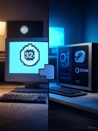 Split view shows a vintage CRT computer on the left and a modern gaming PC on the right.
