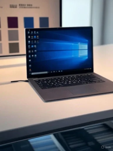 A slim silver laptop on a white desk, Windows desktop on screen, with a color swatch poster in the background.