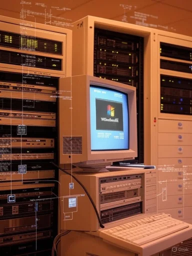 Old mainframe server room with beige racks and a CRT monitor displaying a Windows screen.