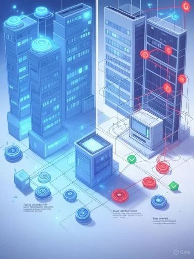 A futuristic data center with glowing blue server towers and red network targets.