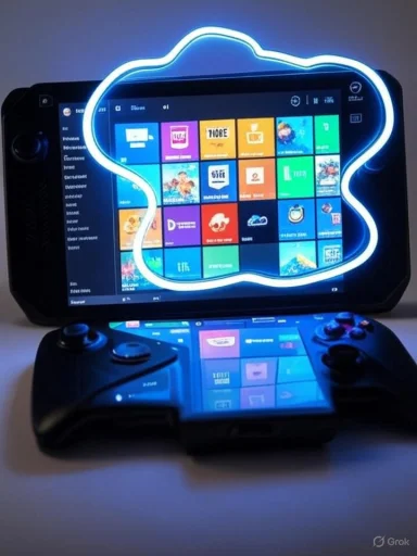 Handheld gaming console framed by a glowing blue cloud-shaped light around its screen.
