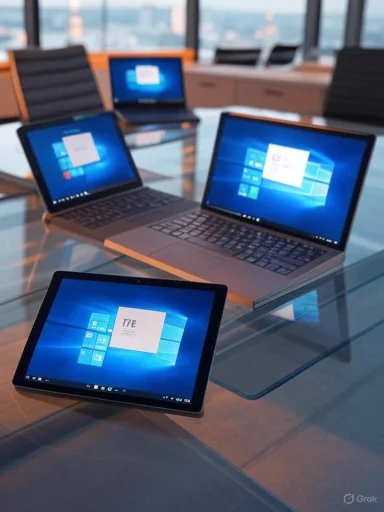 Several Windows laptops are open on a glass conference table.