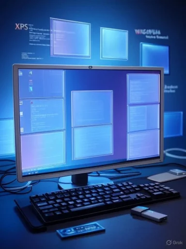 A desktop computer displays multiple blue windows on screen, with a keyboard and USB drive on a blue-lit desk.