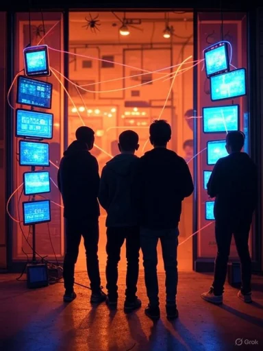 Four silhouetted observers watch a neon display of stacked blue screens linked by glowing wires.