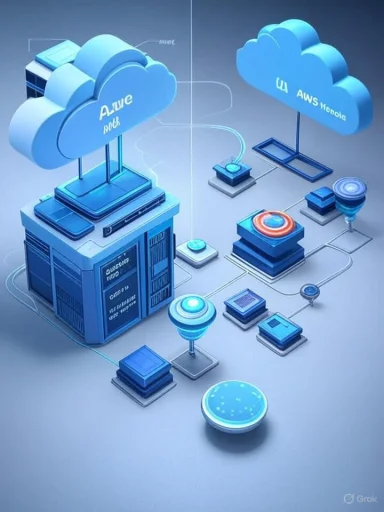 Isometric diagram of cloud infrastructure linking Azure and AWS.