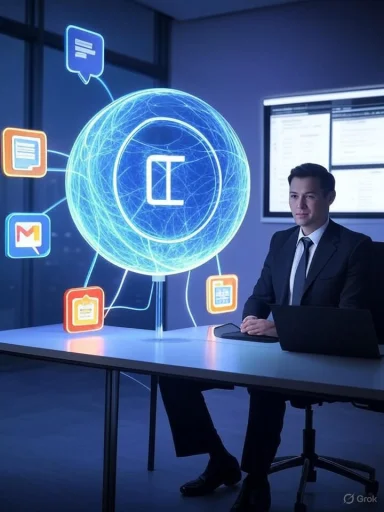 A businessman sits at a desk as a glowing blue holographic globe of apps floats beside him.