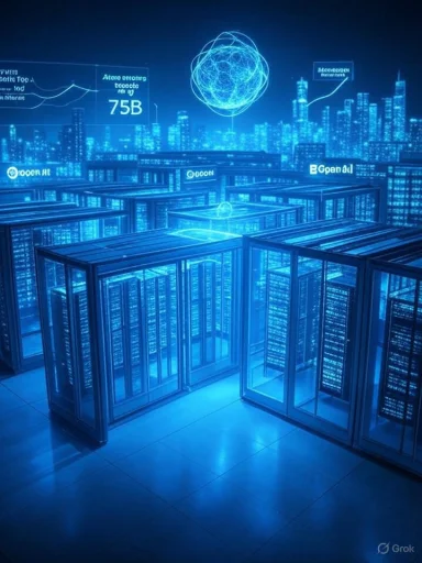 A blue-lit futuristic data center with glass-front server racks and holographic displays. A blue-lit futuristic data center with glass-front server racks and holographic displays.