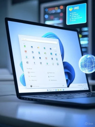 A sleek laptop displaying Windows 11 sits on a desk in a high-tech data center.