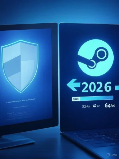 Two neon-blue computer screens side by side, one with a shield icon and the other with a 2026 progress graphic.