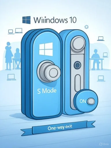 Windows 10 S Mode depicted as blue doors with a one-way exit ribbon.