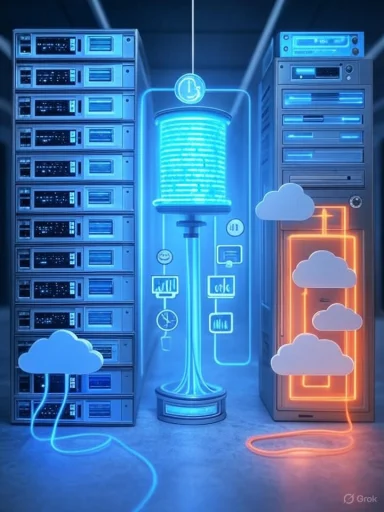 A futuristic data center with a glowing blue energy core between server racks. A futuristic data center with a glowing blue energy core between server racks.