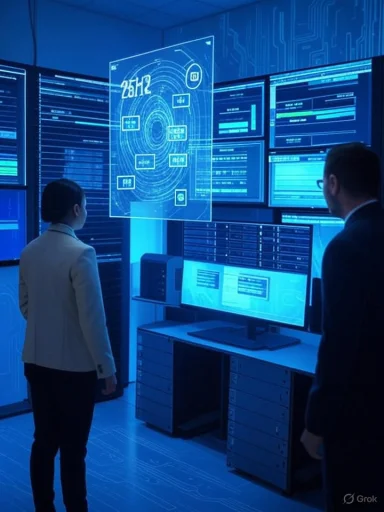 Two professionals in a blue-lit control room study a holographic display and rows of monitors.