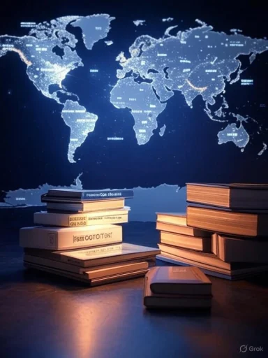 Stacks of books sit on a desk beneath a glowing world map projection.