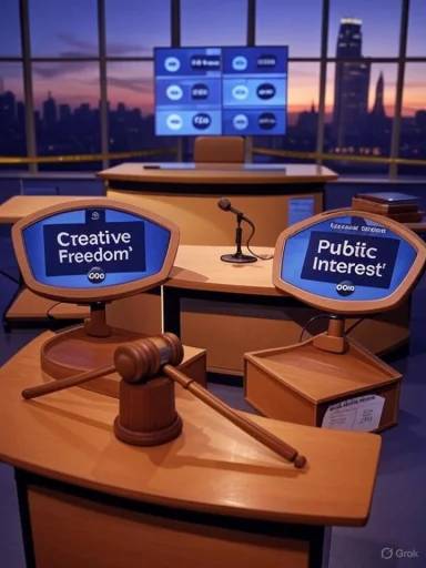 TV debate set with podiums labeled Creative Freedom and Public Interest, gavel in the foreground.