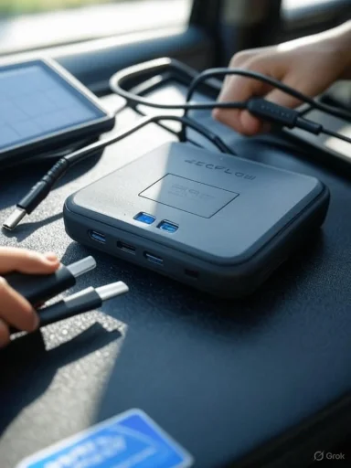 A compact multi-port power bank on a car dashboard with built-in USB cables.