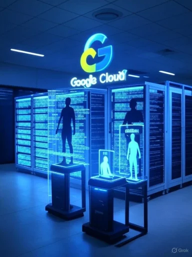 Blue-lit data center with server racks and holographic human silhouettes beneath a Googe Cloud sign.
