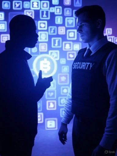 A silhouetted man and a security guard stand before a blue wall of glowing crypto icons and a Bitcoin symbol.