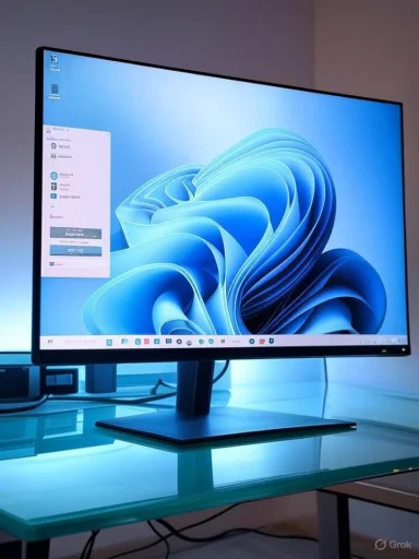 Sleek monitor with slim bezels on a glass desk, displaying a blue abstract wallpaper.