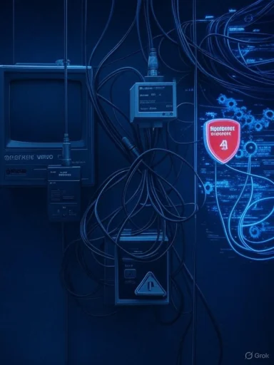 Tangled cables surround retro computer gear, lit in blue with a futuristic shield graphic.