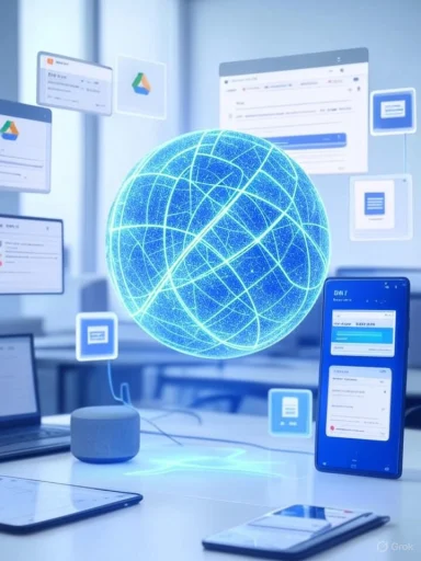 A glowing blue holographic globe floats above a futuristic workspace full of screens.