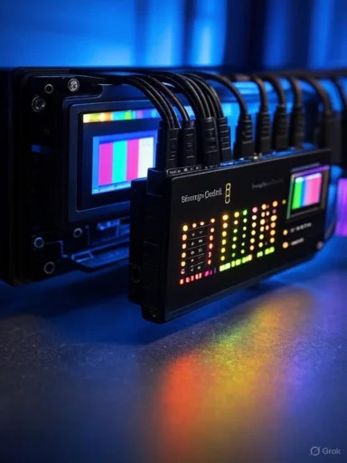 Row of video/network encoders with multicolor LED indicators under blue lighting.