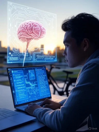 A person works on a laptop with a holographic brain and circuitry projected in front.