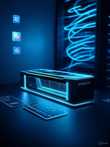 Neon-blue server rig in a futuristic lab, with glowing cables and holographic app icons.