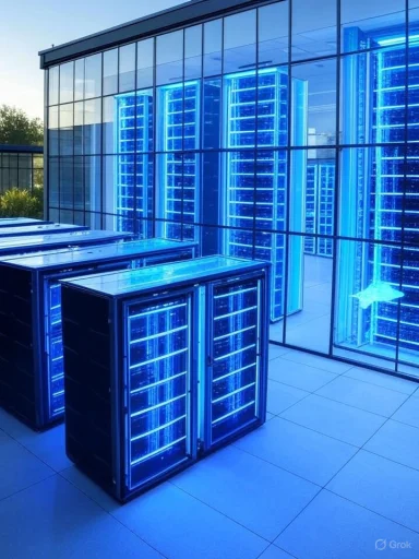 Blue-lit server racks glow inside a glass-walled data center.