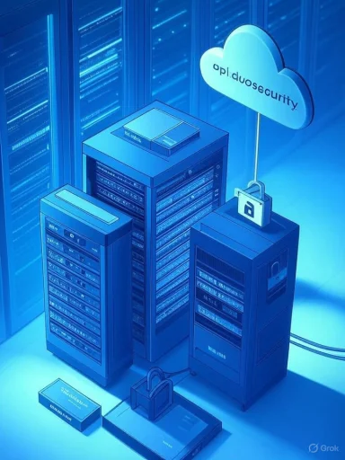 Blue-toned data center with server racks connected to a cloud security lock.