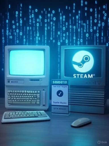 Two vintage computers glow blue as binary rain falls, one screen showing the Steam logo.