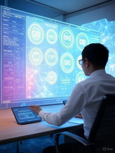 A professional operates a large holographic dashboard featuring circular CIO icons.