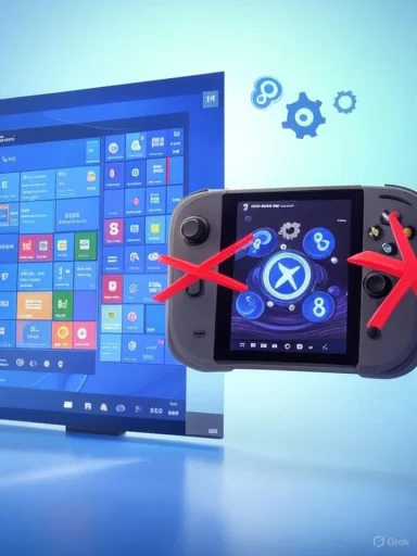 A handheld gaming device with red X marks over its controllers in front of a Windows 8 desktop.