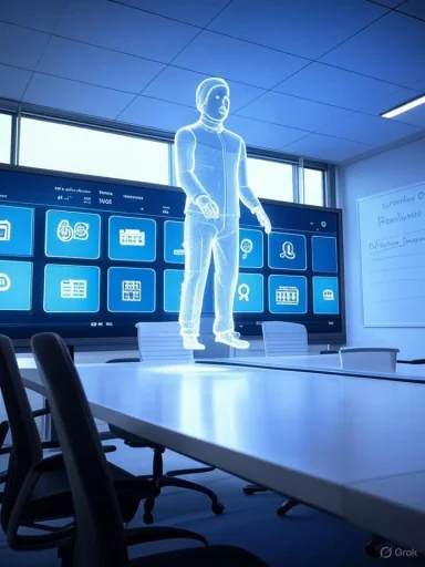 A blue hologram of a person hovers over a conference table in a high-tech boardroom.