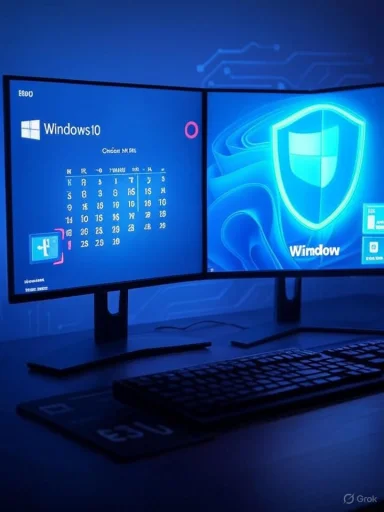 Dual curved monitors glow blue with Windows 10 desktop and shield wallpaper.