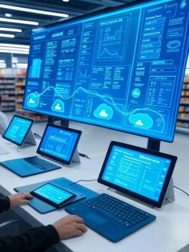 Futuristic control room with a giant blue data dashboard and multiple screens.